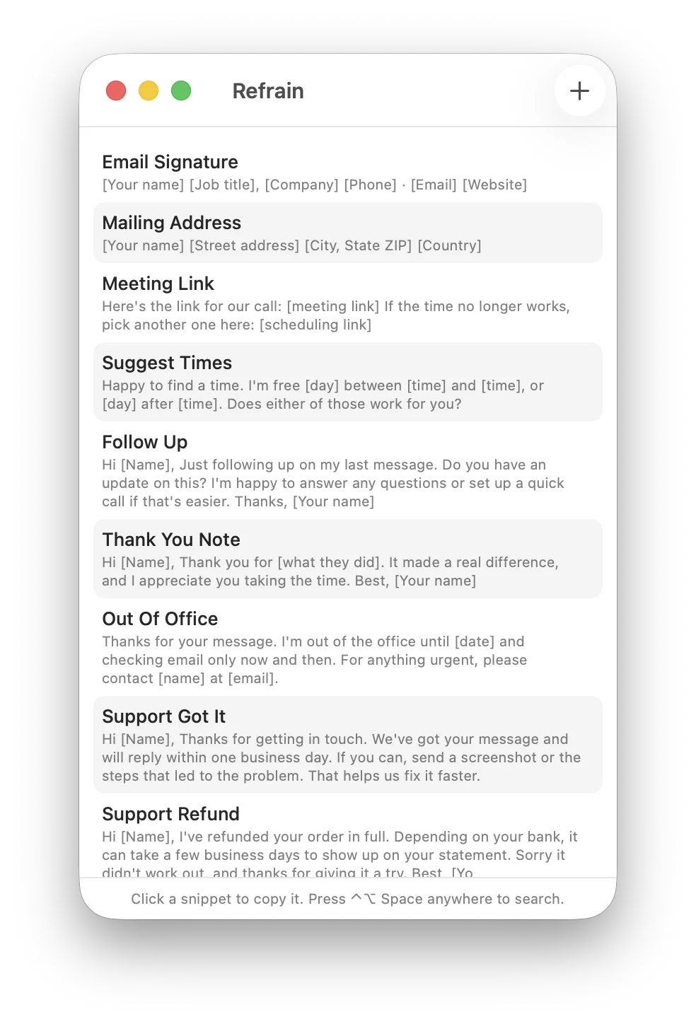 Snippets window